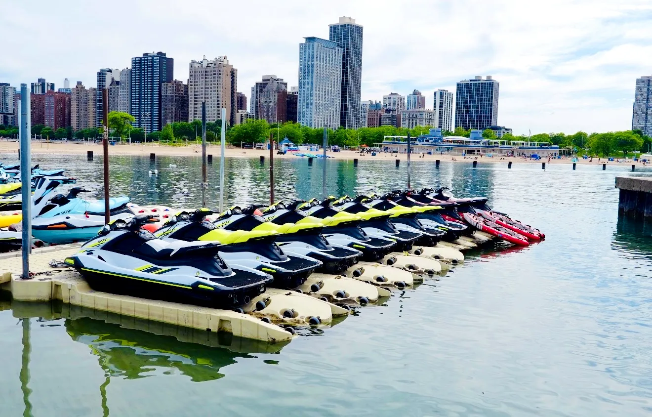 Jet skis lined up at North Avenue Beach.