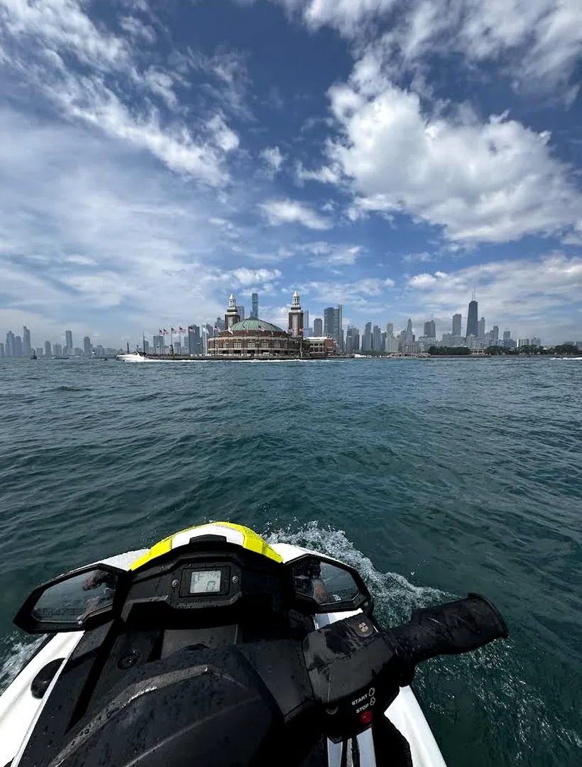 Point of view from a jet ski on the Chicago lakefront.