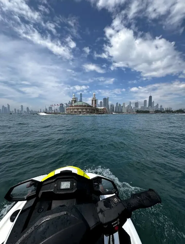 Point of view from a jet ski on the Chicago lakefront.